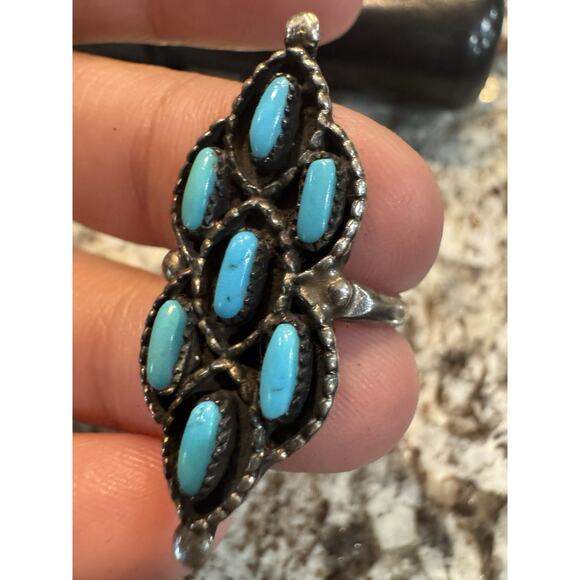 Vintage Artisan Turquoise Petit Point Sterling Silver Statement Ring Size 5 - Picture 4 of 8